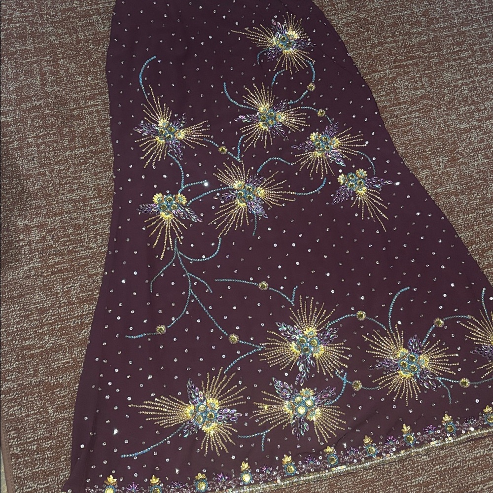 vintage purple beaded sequin maxi skirt lined eggplant flowy Bollywood skirt